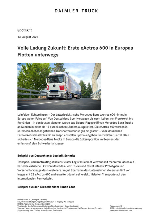 Volle Ladung Zukunft: Erste eActros 600 in Europas Flotten unterwegs