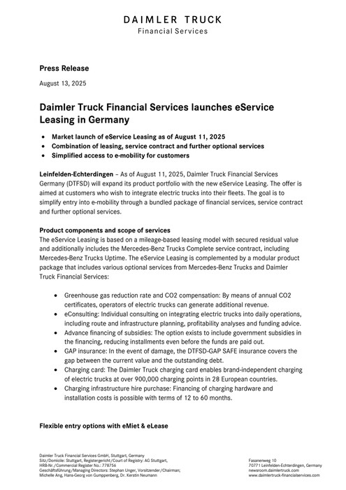 Daimler Truck Financial Services launches eService Leasing in Germany