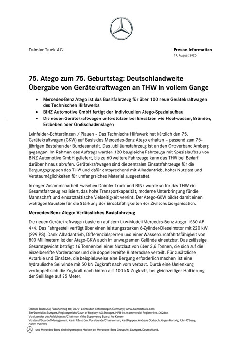 75. Atego zum 75. Geburtstag: Deutschlandweite Übergabe von Gerätekraftwagen an THW in vollem Gange