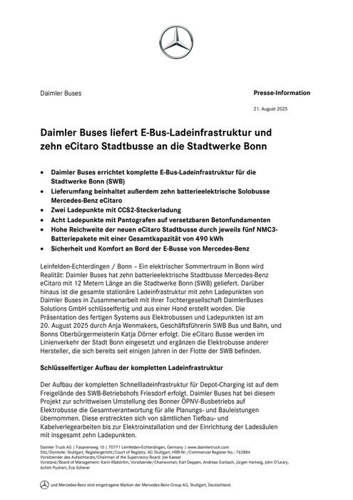 Daimler Buses liefert E-Bus-Ladeinfrastruktur und zehn eCitaro Stadtbusse an die Stadtwerke Bonn
