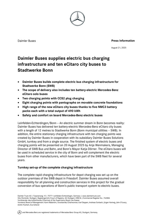 Daimler Buses supplies electric bus charging infrastructure and ten eCitaro city buses to Stadtwerke Bonn