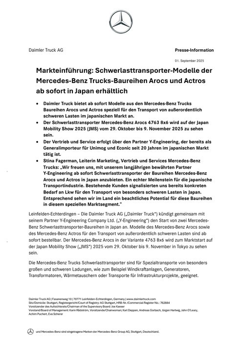 Markteinführung: Schwerlasttransporter-Modelle der Mercedes-Benz Trucks-Baureihen Arocs und Actros ab sofort in Japan erhältlich