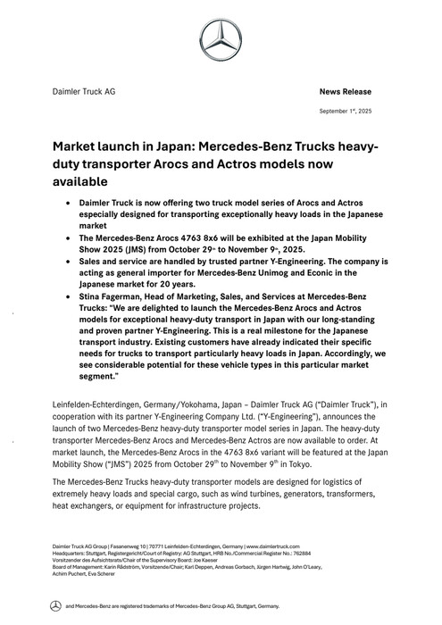 Market launch in Japan: Mercedes-Benz Trucks heavy-duty transporter Arocs and Actros models now available