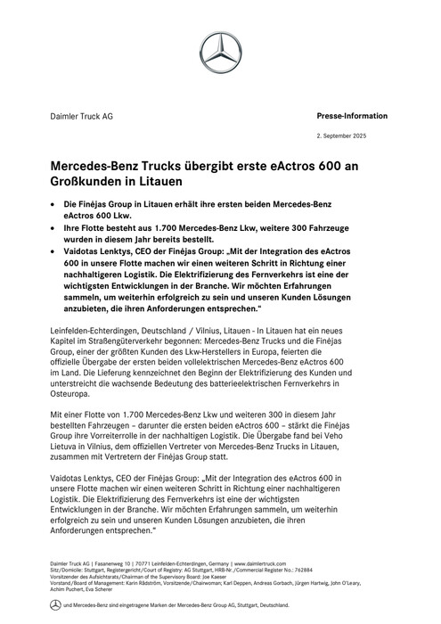 Mercedes-Benz Trucks übergibt erste eActros 600 an Großkunden in Litauen
