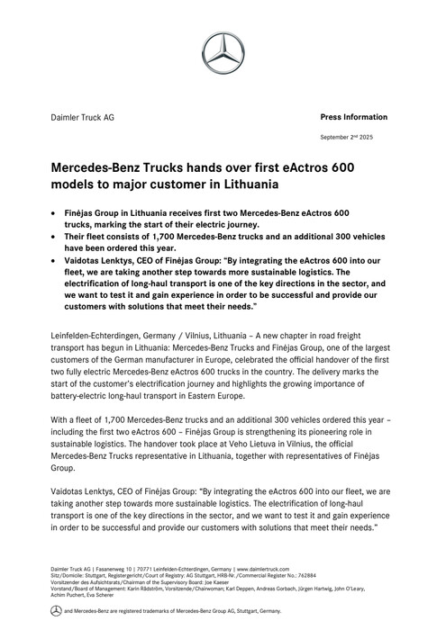 Mercedes-Benz Trucks hands over first eActros 600 models to major customer in Lithuania