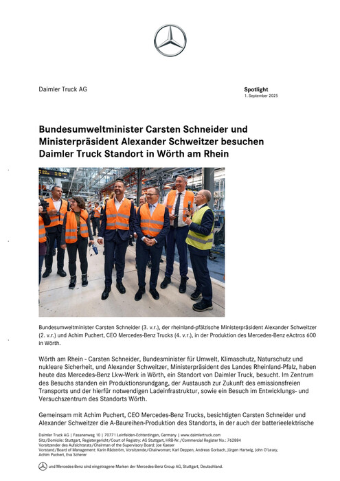 Bundesumweltminister Carsten Schneider und Ministerpräsident Alexander Schweitzer besuchen Daimler Truck Standort in Wörth am Rhein
