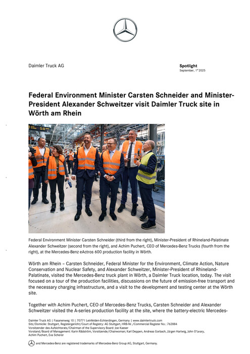 Federal Environment Minister Carsten Schneider and Minister-President Alexander Schweitzer visit Daimler Truck site in Wörth am Rhein