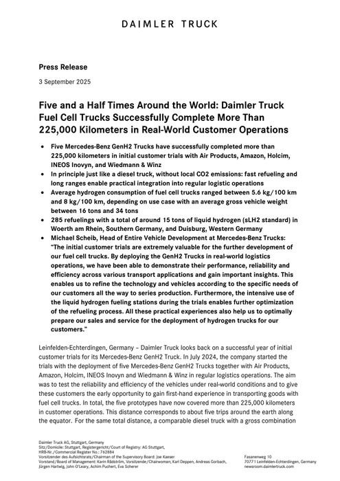 Five and a Half Times Around the World: Daimler Truck Fuel Cell Trucks Successfully Complete More Than 225,000 Kilometers in Real-World Customer Operations