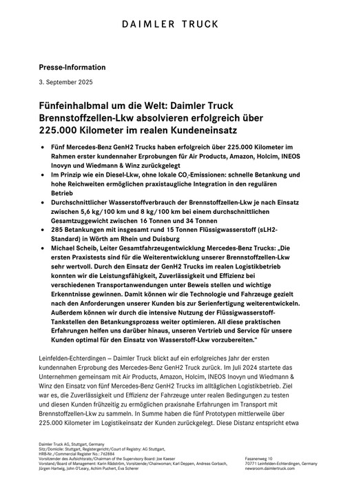 Fünfeinhalbmal um die Welt: Daimler Truck Brennstoffzellen-Lkw absolvieren erfolgreich über 225.000 Kilometer im realen Kundeneinsatz