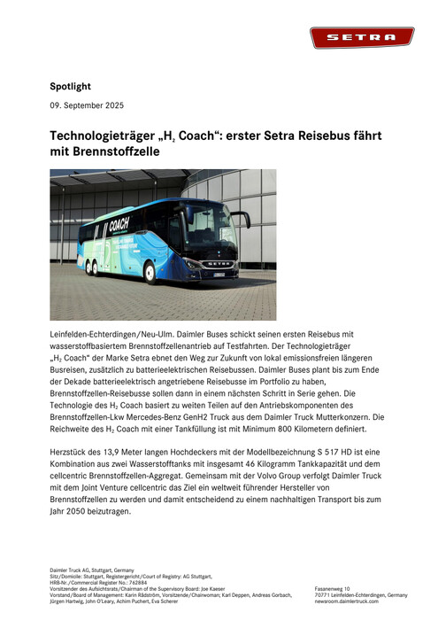 Technologieträger „H₂ Coach“: erster Setra Reisebus fährt mit Brennstoffzelle