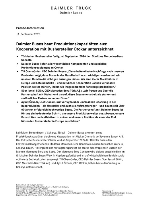 Daimler Buses baut Produktionskapazitäten aus: Kooperation mit Bushersteller Otokar unterzeichnet