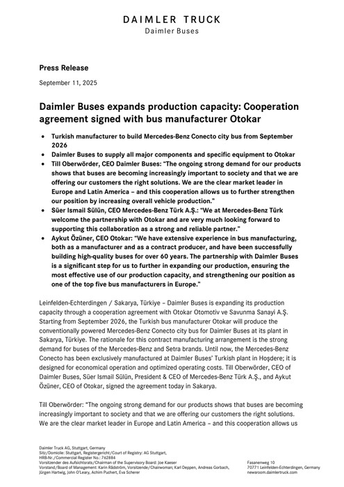Daimler Buses expands production capacity: Cooperation agreement signed with bus manufacturer Otokar