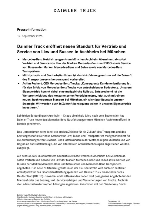 Daimler Truck eröffnet neuen Standort für Vertrieb und Service von Lkw und Bussen in Aschheim bei München