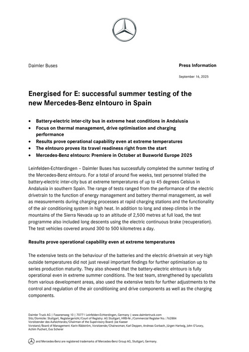 Energised for E: successful summer testing of the new Mercedes-Benz eIntouro in Spain