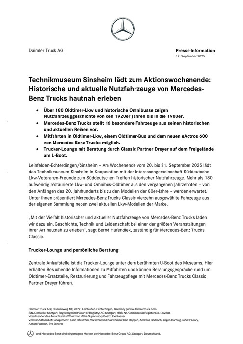 Technikmuseum Sinsheim lädt zum Aktionswochenende: Historische und aktuelle Nutzfahrzeuge von Mercedes-Benz Trucks hautnah erleben