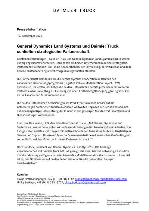 General Dynamics Land Systems und Daimler Truck schließen strategische Partnerschaft