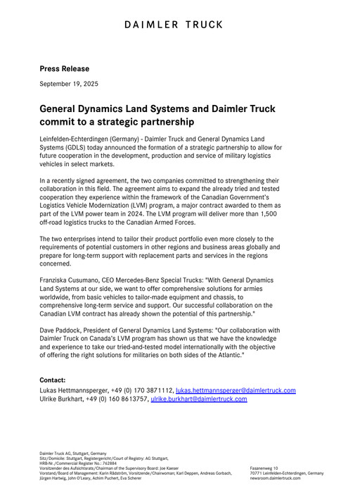 General Dynamics Land Systems and Daimler Truck commit to a strategic partnership