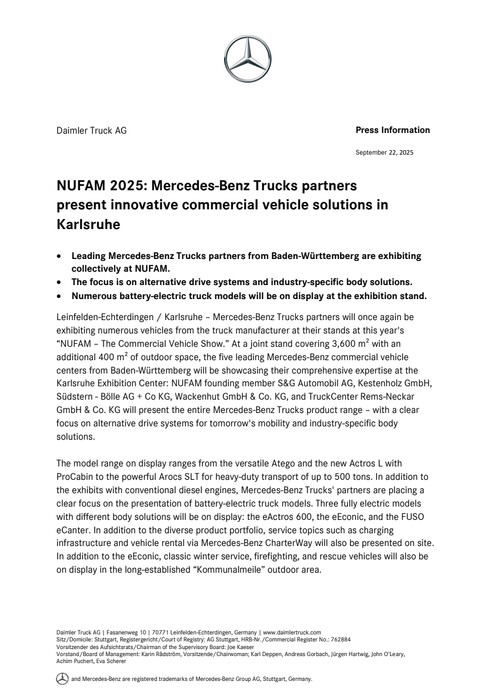 NUFAM 2025: Mercedes-Benz Trucks partners present innovative commercial vehicle solutions in Karlsruhe
