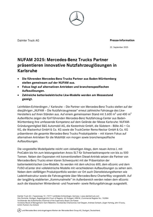 NUFAM 2025: Mercedes-Benz Trucks Partner präsentieren innovative Nutzfahrzeuglösungen in Karlsruhe