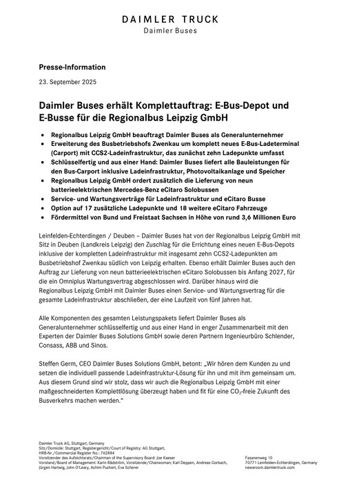 Daimler Buses erhält Komplettauftrag: E-Bus-Depot und  E-Busse für die Regionalbus Leipzig GmbH
