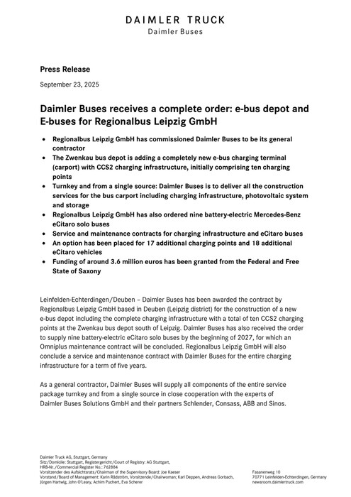 Daimler Buses receives a complete order: e-bus depot and E-buses for Regionalbus Leipzig GmbH