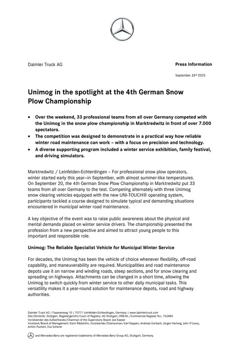 Unimog in the spotlight at the 4th German Snow Plow Championship