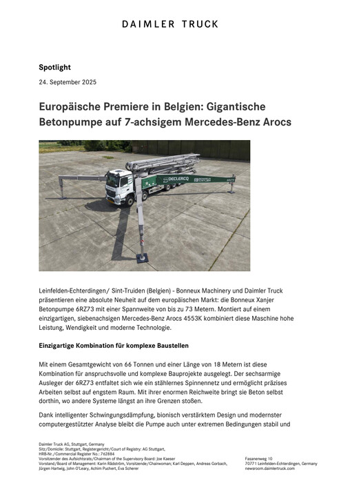 Europäische Premiere in Belgien: Gigantische Betonpumpe auf 7-achsigem Mercedes-Benz Arocs