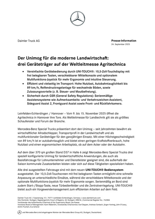 Der Unimog für die moderne Landwirtschaft:  drei Geräteträger auf der Weltleitmesse Agritechnica