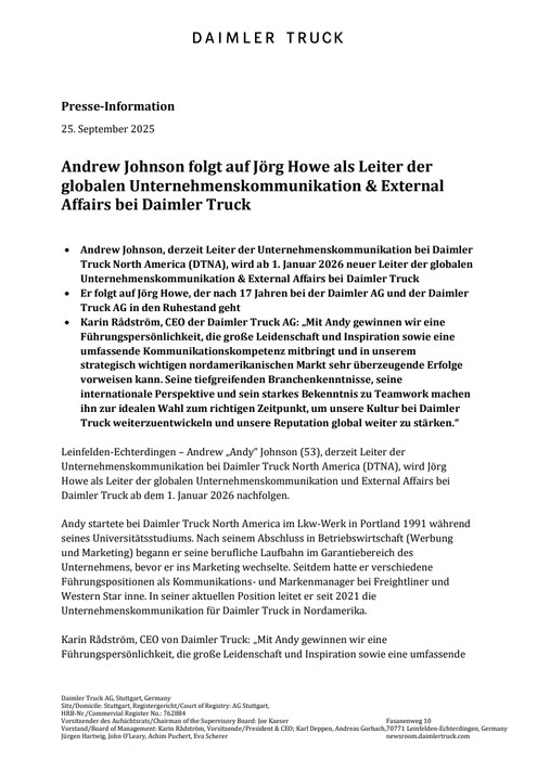 Andrew Johnson folgt auf Jörg Howe als Leiter der globalen Unternehmenskommunikation & External Affairs bei Daimler Truck
