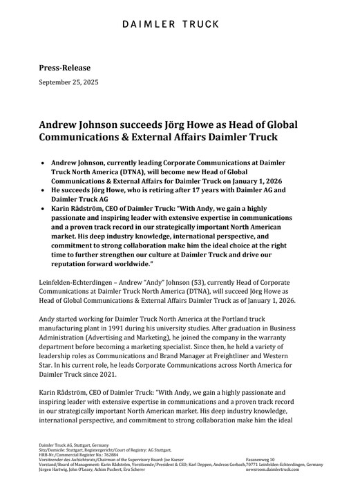 Andrew Johnson succeeds Jörg Howe as Head of Global Communications & External Affairs Daimler Truck
