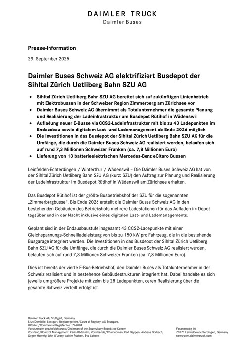 Daimler Buses Schweiz AG elektrifiziert Busdepot der Sihltal Zürich Uetliberg Bahn SZU AG