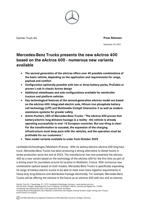 Mercedes-Benz Trucks presents the new eActros 400 based on the eActros 600 - numerous new variants available