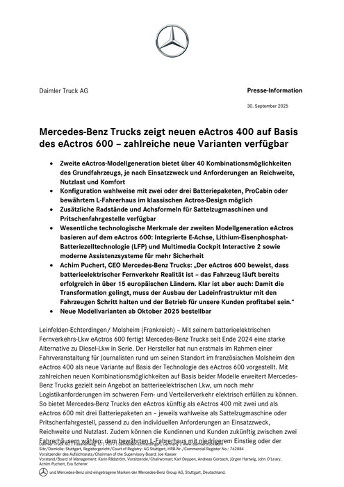 Mercedes-Benz Trucks zeigt neuen eActros 400 auf Basis des eActros 600 – zahlreiche neue Varianten verfügbar