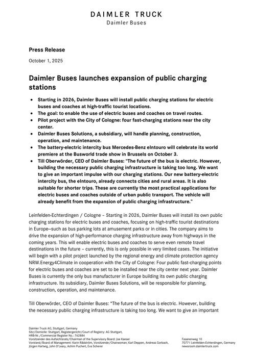 Daimler Buses launches expansion of public charging stations