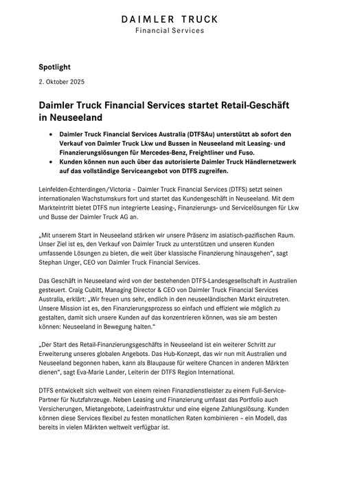 Daimler Truck Financial Services startet Retail-Geschäft in Neuseeland