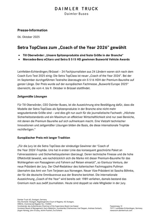 Setra TopClass zum „Coach of the Year 2026” gewählt