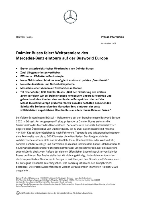 Daimler Buses feiert Weltpremiere des Mercedes-Benz eIntouro auf der Busworld Europe