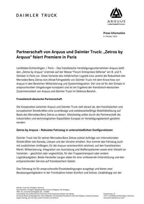 Partnerschaft von Arquus und Daimler Truck: „Zetros by Arquus“ feiert Premiere in Paris