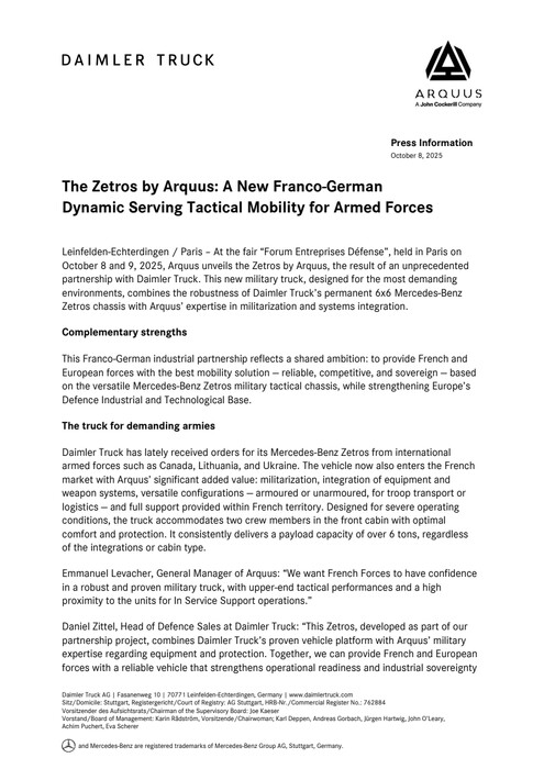 The Zetros by Arquus: A New Franco-German Dynamic Serving Tactical Mobility for Armed Forces