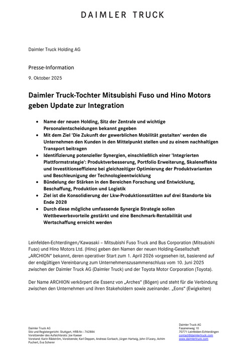 Daimler Truck-Tochter Mitsubishi Fuso und Hino Motors geben Update zur Integration
