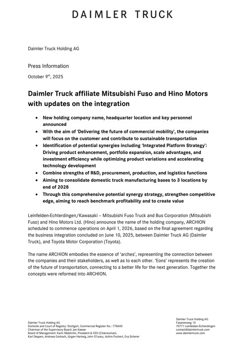 Daimler Truck affiliate Mitsubishi Fuso and Hino Motors with updates on the integration