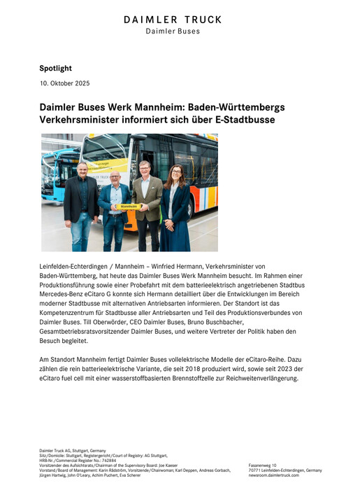 Daimler Buses Werk Mannheim: Baden-Württembergs Verkehrsminister informiert sich über E-Stadtbusse