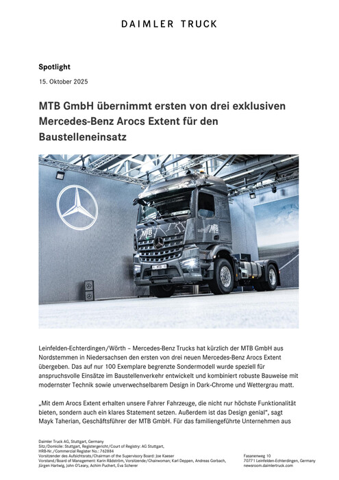 MTB GmbH übernimmt ersten von drei exklusiven Mercedes-Benz Arocs Extent für den Baustelleneinsatz
