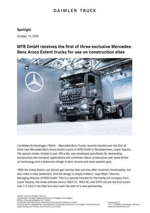 MTB GmbH receives the first of three exclusive Mercedes-Benz Arocs Extent trucks for use on construction sites