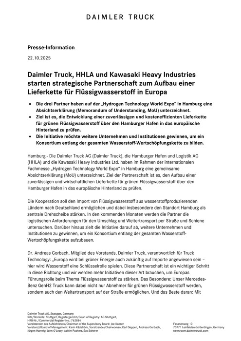 Daimler Truck, HHLA und Kawasaki Heavy Industries starten strategische Partnerschaft zum Aufbau einer Lieferkette für Flüssigwasserstoff in Europa