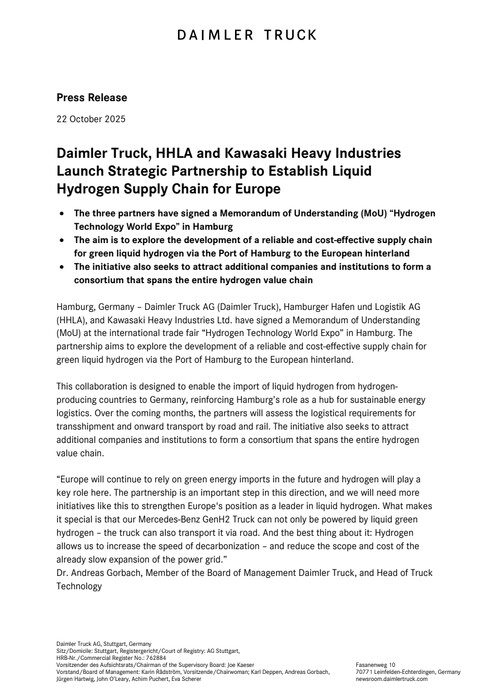 Daimler Truck, HHLA and Kawasaki Heavy Industries Launch Strategic Partnership to Establish Liquid Hydrogen Supply Chain for Europe