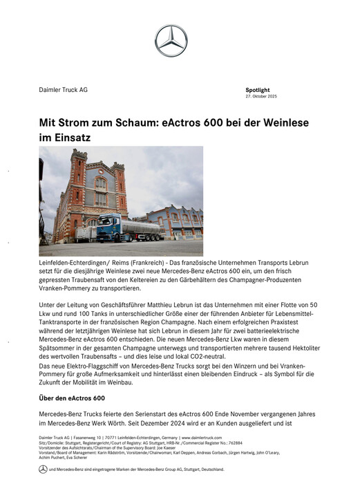 Mit Strom zum Schaum: eActros 600 bei der Weinlese im Einsatz