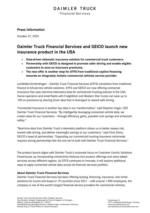 Daimler Truck Financial Services and GEICO launch new insurance product in the USA