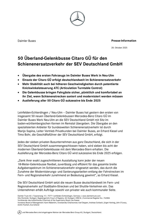 50 Überland-Gelenkbusse Citaro GÜ für den Schienenersatzverkehr der SEV Deutschland GmbH