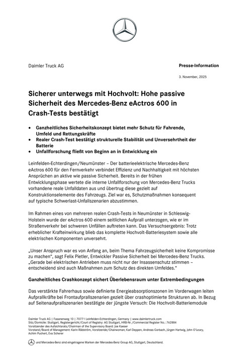 Sicherer unterwegs mit Hochvolt: Hohe passive Sicherheit des Mercedes-Benz eActros 600 in Crash-Tests bestätigt
